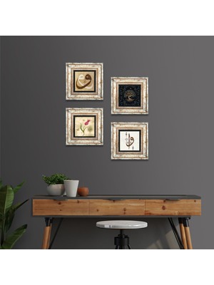 Pinecone Stone Elif Vav, Hayat Ağacı, Lale, Vav Çerçeveli Taş Duvar Tablosu 4’lü Set - Dekoratif Modern Sanat, Ev ve Ofis Dekoru |TK4-372|