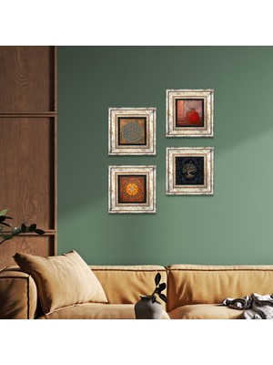 Pinecone Stone Yaşam Çiçeği, Sri Yantra, Hayat Ağacı, Nar Çerçeveli Taş Duvar Tablosu 4’lü Set - Dekoratif Modern Sanat, Ev ve Ofis Dekoru |TK4-499|
