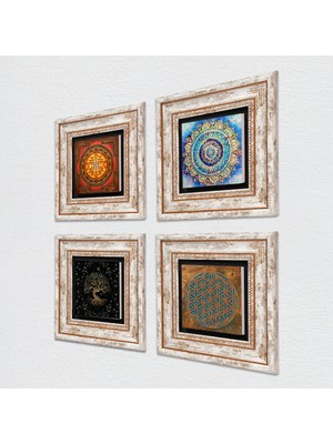 Pinecone Yaşam Çiçeği, Mandala, Sri Yantra, Hayat Ağacı Taş Duvar Tablosu Çerçeveli Duvar Dekoru 4 Parça Tablo Seti Wall Art T4-527