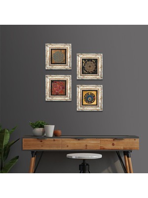 Pinecone Stone Yaşam Çiçeği, Sri Yantra, Nazar, Desen Çerçeveli Taş Duvar Tablosu 4’lü Set - Dekoratif Modern Sanat, Ev ve Ofis Dekoru |TK4-543|