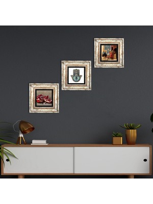 Pinecone Stone Satranç Oyunu, Nar, Fatma Ana Eli (Hamsa) Çerçeveli Taş Duvar Tablosu 3’lü Set - Dekoratif Modern Sanat, Ev ve Ofis Dekoru |TK3-710|