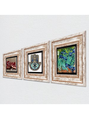 Pinecone Van Gogh İrisler, Nar, Fatma Ana Eli (Hamsa) Taş Duvar Tablosu Çerçeveli Duvar Dekoru 3 Parça Tablo Seti Wall Art T3-719