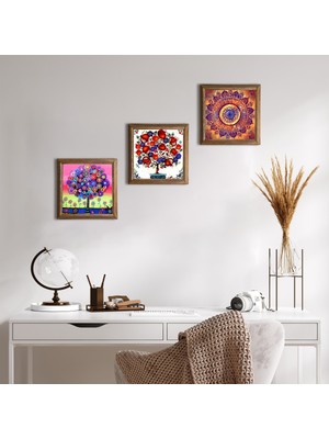 Pinecone Stone Mandala, Hayat Ağacı, Nar Ağacı Ahşap Çerçeveli Taş Duvar Tablosu 3’lü Set – 25x25 cm Dekoratif Modern Sanat – Ev ve Ofis Dekoru |W3-387|