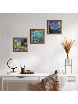 Pinecone Stone Van Gogh Kafe Terasta Gece, Yıldızlı Gece, Badem Ağacı Ahşap Çerçeveli Taş Duvar Tablosu 3’lü Set – 25x25 cm Dekoratif Modern Sanat – Ev ve Ofis Dekoru |W3-461|