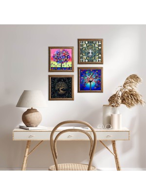 Pinecone Stone Hayat Ağacı Ahşap Çerçeveli Taş Duvar Tablosu 4’lü Set – 25x25 cm Dekoratif Modern Sanat – Ev ve Ofis Dekoru |W4-660|