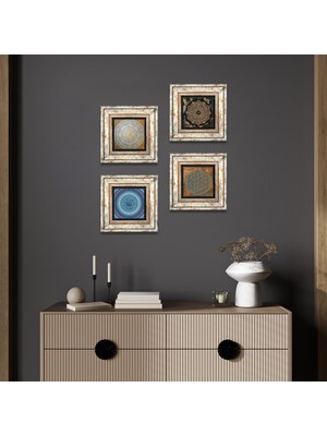 Pinecone Stone Yaşam Çiçeği, Nazar, Sri Yantra Çerçeveli Taş Duvar Tablosu 4’lü Set - Dekoratif Modern Sanat, Ev ve Ofis Dekoru |TK4-578|