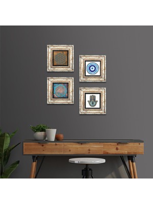 Pinecone Stone Nazar, Yaşam Çiçeği, Fatma Ana Eli (Hamsa) Çerçeveli Taş Duvar Tablosu 4’lü Set - Dekoratif Modern Sanat, Ev ve Ofis Dekoru |TK4-440|