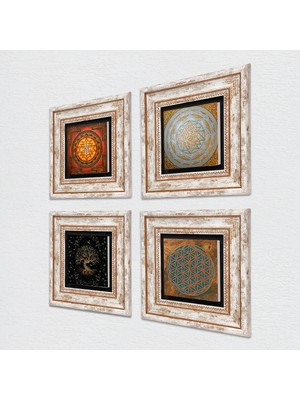 Pinecone Yaşam Çiçeği, Sri Yantra, Hayat Ağacı Taş Duvar Tablosu Çerçeveli Duvar Dekoru 4 Parça Tablo Seti Wall Art T4-508