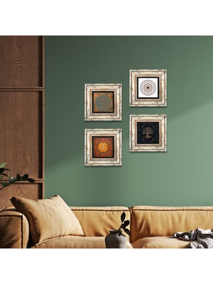 Pinecone Stone Yaşam Çiçeği, Sri Yantra, Hayat Ağacı Çerçeveli Taş Duvar Tablosu 4’lü Set - Dekoratif Modern Sanat, Ev ve Ofis Dekoru |TK4-513|