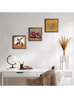 Pinecone Felak Suresi, Semazen, Nar Taş Duvar Tablosu Ahşap Çerçeveli Duvar Dekoru 3 Parça Tablo Seti Wall Art W3-870