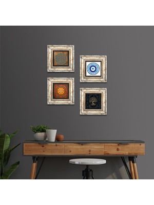 Pinecone Stone Yaşam Çiçeği, Nazar, Sri Yantra, Hayat Ağacı Çerçeveli Taş Duvar Tablosu 4’lü Set - Dekoratif Modern Sanat, Ev ve Ofis Dekoru |TK4-534|