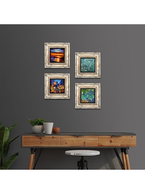 Pinecone Stone Deniz Manzarası, Sokak Manzarası, Van Gogh İrisler, Badem Ağacı Çerçeveli Taş Duvar Tablosu 4’lü Set - Dekoratif Modern Sanat, Ev ve Ofis Dekoru |TK4-1887|