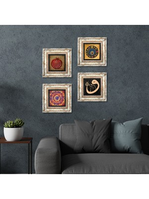 Pinecone Stone Mandala, Vav, Nazar, Bereket Duası Çerçeveli Taş Duvar Tablosu 4’lü Set - Dekoratif Modern Sanat, Ev ve Ofis Dekoru |TK4-246|