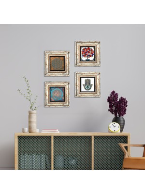 Pinecone Stone Yaşam Çiçeği, Nar Ağacı, Fatma Ana Eli (Hamsa) Çerçeveli Taş Duvar Tablosu 4’lü Set - Dekoratif Modern Sanat, Ev ve Ofis Dekoru |TK4-401|