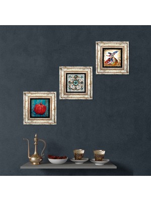 Pinecone Stone Çini Sanatı, Semazen, Nar Çerçeveli Taş Duvar Tablosu 3’lü Set - Dekoratif Modern Sanat, Ev ve Ofis Dekoru |TK3-265|