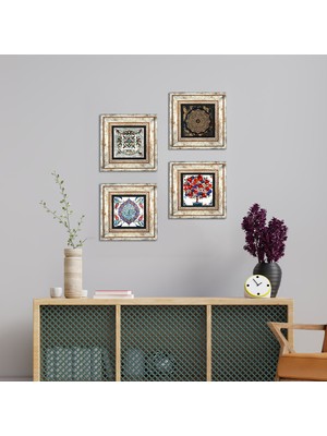 Pinecone Stone Sri Yantra, Çini Sanatı, Nar Ağacı Çerçeveli Taş Duvar Tablosu 4’lü Set - Dekoratif Modern Sanat, Ev ve Ofis Dekoru |TK4-266|