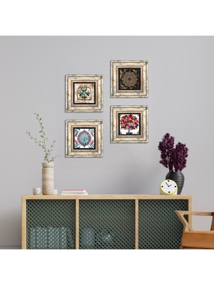 Pinecone Stone Sri Yantra, Fas Desenli Vintage, Çini Sanatı, Nar Ağacı Çerçeveli Taş Duvar Tablosu 4’lü Set - Dekoratif Modern Sanat, Ev ve Ofis Dekoru |TK4-269|