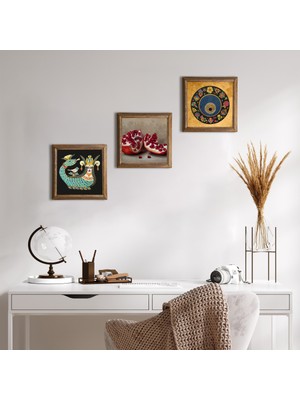 Pinecone Stone Nazar Boncuğu, Şahmeran, Nar Ahşap Çerçeveli Taş Duvar Tablosu 3’lü Set – 25x25 cm Dekoratif Modern Sanat – Ev ve Ofis Dekoru |W3-980|