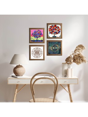 Pinecone Stone Nazar, Sri Yantra, Hayat Ağacı, Nar Ağacı Ahşap Çerçeveli Taş Duvar Tablosu 4’lü Set – 25x25 cm Dekoratif Modern Sanat – Ev ve Ofis Dekoru |W4-1008|