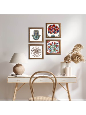 Pinecone Stone Lale, Sri Yantra, Nar Ağacı, Fatma Ana Eli (Hamsa) Ahşap Çerçeveli Taş Duvar Tablosu 4’lü Set – 25x25 cm Dekoratif Modern Sanat – Ev ve Ofis Dekoru |W4-1015|