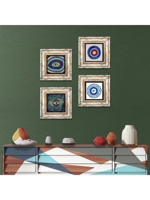 Pinecone Stone Nazar Çerçeveli Taş Duvar Tablosu 4’lü Set - Dekoratif Modern Sanat, Ev ve Ofis Dekoru |TK4-45|