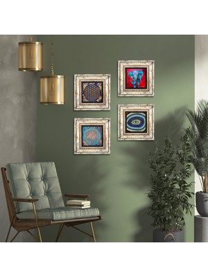 Pinecone Stone Fil, Nazar, Yaşam Çiçeği Çerçeveli Taş Duvar Tablosu 4’lü Set - Dekoratif Modern Sanat, Ev ve Ofis Dekoru |TK4-149|