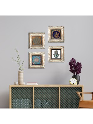 Pinecone Stone Yaşam Çiçeği, Tavus Kuşu, Fatma Ana Eli (Hamsa) Çerçeveli Taş Duvar Tablosu 4’lü Set - Dekoratif Modern Sanat, Ev ve Ofis Dekoru |TK4-423|