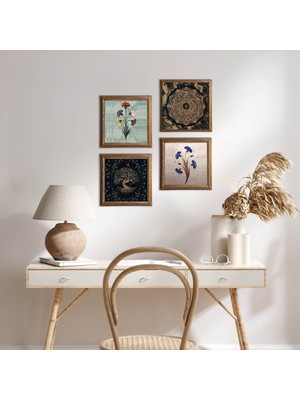 Pinecone Stone Ebru Sanatı, Sri Yantra, Hayat Ağacı Ahşap Çerçeveli Taş Duvar Tablosu 4’lü Set – 25x25 cm Dekoratif Modern Sanat – Ev ve Ofis Dekoru |W4-1046|