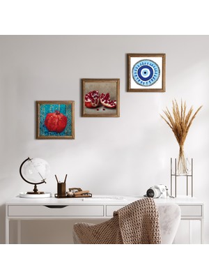 Pinecone Stone Nazar, Nar Ahşap Çerçeveli Taş Duvar Tablosu 3’lü Set – 25x25 cm Dekoratif Modern Sanat – Ev ve Ofis Dekoru |W3-840|