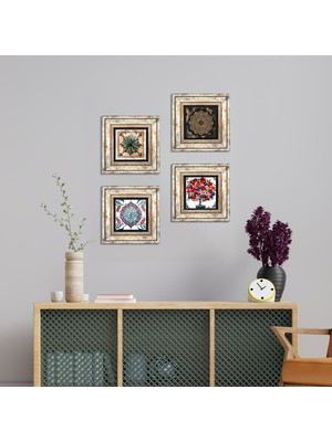 Pinecone Stone Sri Yantra, Fas Desenli Vintage, Çini Sanatı, Nar Ağacı Çerçeveli Taş Duvar Tablosu 4’lü Set - Dekoratif Modern Sanat, Ev ve Ofis Dekoru |TK4-268|