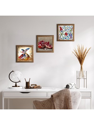 Pinecone Stone Çini Sanatı Lale, Semazen, Nar Ahşap Çerçeveli Taş Duvar Tablosu 3’lü Set – 25x25 cm Dekoratif Modern Sanat – Ev ve Ofis Dekoru |W3-876|