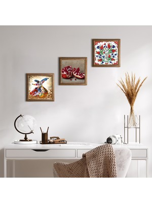 Pinecone Çini Sanatı Lale, Semazen, Nar Taş Duvar Tablosu Ahşap Çerçeveli Duvar Dekoru 3 Parça Tablo Seti Wall Art W3-877