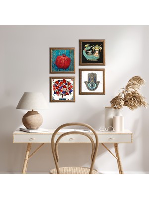 Pinecone Şahmeran, Nar Ağacı, Nar, Fatma Ana Eli (Hamsa) Taş Duvar Tablosu Ahşap Çerçeveli Duvar Dekoru 4 Parça Tablo Seti Wall Art W4-26