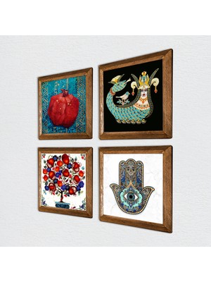 Pinecone Şahmeran, Nar Ağacı, Nar, Fatma Ana Eli (Hamsa) Taş Duvar Tablosu Ahşap Çerçeveli Duvar Dekoru 4 Parça Tablo Seti Wall Art W4-26