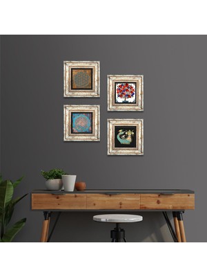 Pinecone Stone Yaşam Çiçeği, Şahmeran, Nar Ağacı Çerçeveli Taş Duvar Tablosu 4’lü Set - Dekoratif Modern Sanat, Ev ve Ofis Dekoru |TK4-441|