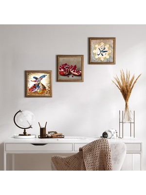 Pinecone Stone Hz. Muhammed Lafzı, Semazen, Nar Ahşap Çerçeveli Taş Duvar Tablosu 3’lü Set – 25x25 cm Dekoratif Modern Sanat – Ev ve Ofis Dekoru |W3-864|