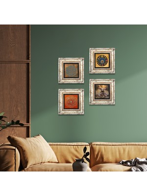 Pinecone Stone Yaşam Çiçeği, Semazen, Sri Yantra, Nazar Çerçeveli Taş Duvar Tablosu 4’lü Set - Dekoratif Modern Sanat, Ev ve Ofis Dekoru |TK4-634|