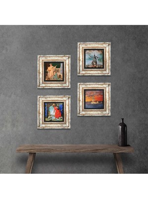 Pinecone Stone Galata Kulesi, Kız Kulesi, Kaplumbağa Terbiyecisi, İki Müzisyen Kız Çerçeveli Taş Duvar Tablosu 4’lü Set - Dekoratif Modern Sanat, Ev ve Ofis Dekoru |TK4-758|