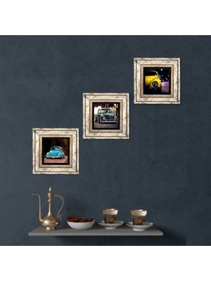 Pinecone Stone Vosvos Araba Çerçeveli Taş Duvar Tablosu 3’lü Set - Dekoratif Modern Sanat, Ev ve Ofis Dekoru |TK3-1883|