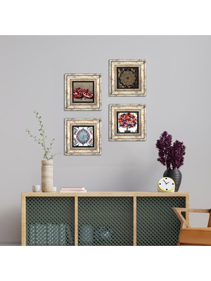 Pinecone Stone Sri Yantra, Çini Sanatı, Nar, Nar Ağacı Çerçeveli Taş Duvar Tablosu 4’lü Set - Dekoratif Modern Sanat, Ev ve Ofis Dekoru |TK4-257|