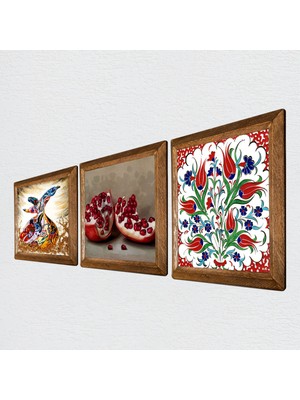 Pinecone Çini Sanatı Lale, Semazen, Nar Taş Duvar Tablosu Ahşap Çerçeveli Duvar Dekoru 3 Parça Tablo Seti Wall Art W3-877