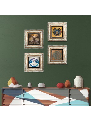 Pinecone Stone Yaşam Çiçeği, Semazen, Vav, Nazar Çerçeveli Taş Duvar Tablosu 4’lü Set - Dekoratif Modern Sanat, Ev ve Ofis Dekoru |TK4-591|