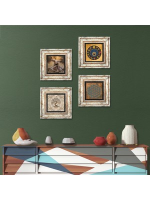 Pinecone Stone Yaşam Çiçeği, Semazen, Nazar, Hayat Ağacı Çerçeveli Taş Duvar Tablosu 4’lü Set - Dekoratif Modern Sanat, Ev ve Ofis Dekoru |TK4-598|