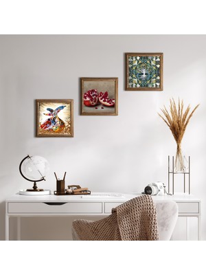 Pinecone Stone Hayat Ağacı, Semazen, Nar Ahşap Çerçeveli Taş Duvar Tablosu 3’lü Set – 25x25 cm Dekoratif Modern Sanat – Ev ve Ofis Dekoru |W3-890|