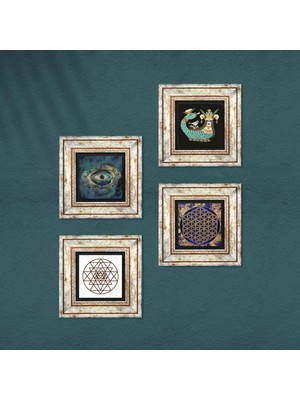 Pinecone Nazar, Sri Yantra, Yaşam Çiçeği, Şahmeran Taş Duvar Tablosu Çerçeveli Duvar Dekoru 4 Parça Tablo Seti Wall Art T4-793