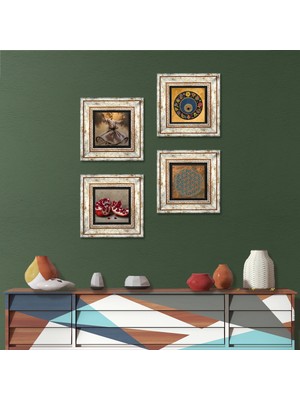 Pinecone Stone Yaşam Çiçeği, Semazen, Nazar, Nar Çerçeveli Taş Duvar Tablosu 4’lü Set - Dekoratif Modern Sanat, Ev ve Ofis Dekoru |TK4-595|