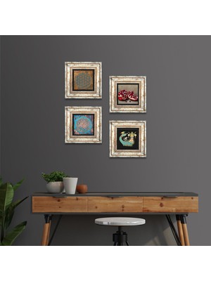 Pinecone Yaşam Çiçeği, Şahmeran, Nar Taş Duvar Tablosu Çerçeveli Duvar Dekoru 4 Parça Tablo Seti Wall Art T4-442