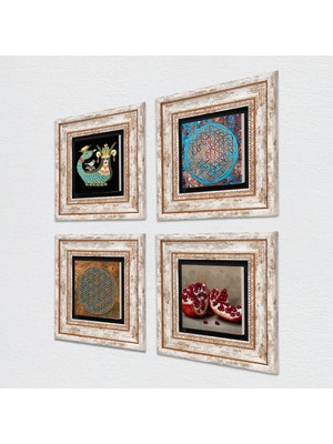 Pinecone Yaşam Çiçeği, Şahmeran, Nar Taş Duvar Tablosu Çerçeveli Duvar Dekoru 4 Parça Tablo Seti Wall Art T4-442