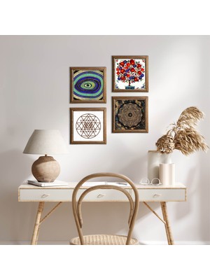 Pinecone Stone Nazar, Sri Yantra, Nar Ağacı Ahşap Çerçeveli Taş Duvar Tablosu 4’lü Set – 25x25 cm Dekoratif Modern Sanat – Ev ve Ofis Dekoru |W4-1018|