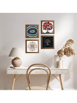 Pinecone Stone Nazar, Sri Yantra, Hayat Ağacı, Nar Ağacı Ahşap Çerçeveli Taş Duvar Tablosu 4’lü Set – 25x25 cm Dekoratif Modern Sanat – Ev ve Ofis Dekoru |W4-1019|